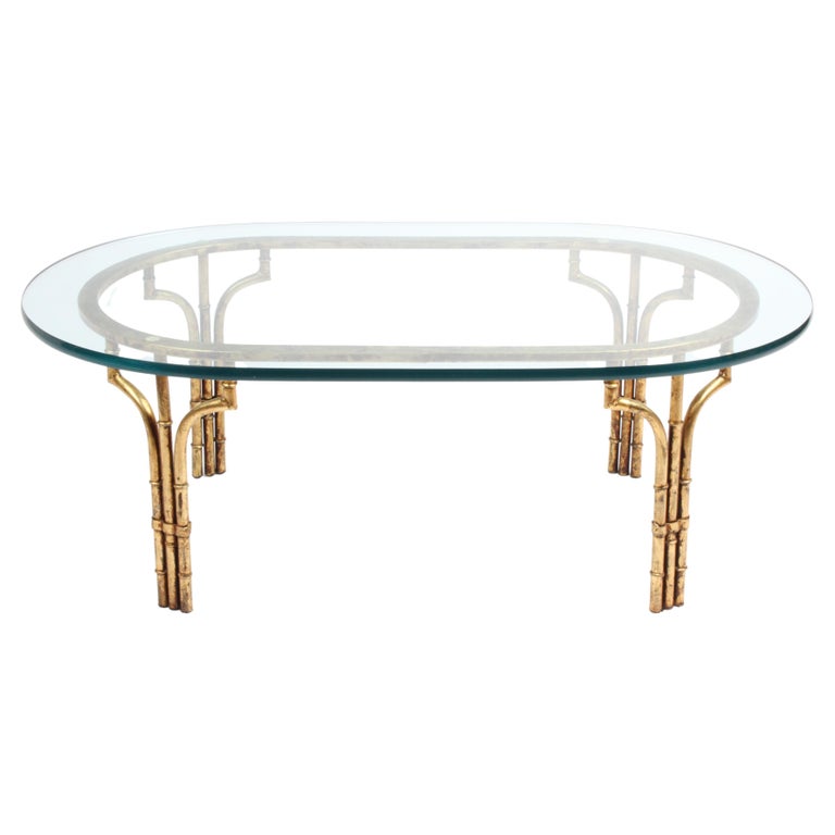 Hollywood Regency Gold Gilt Italian Faux Bamboo Oval Glass Top Coffee Table For Sale