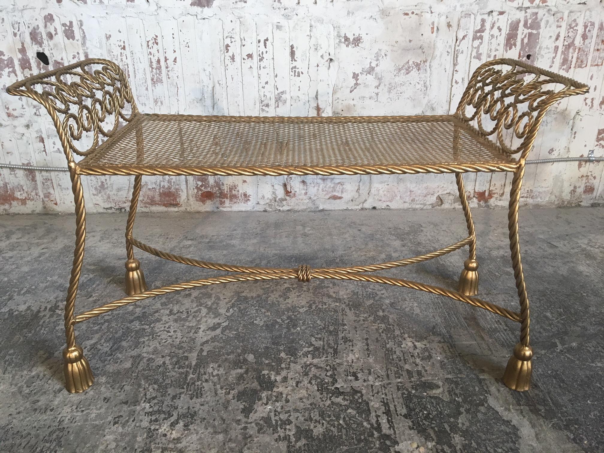 Mid-20th Century Hollywood Regency Gold Gilt Wrought Iron Tassel Vanity Bench For Sale