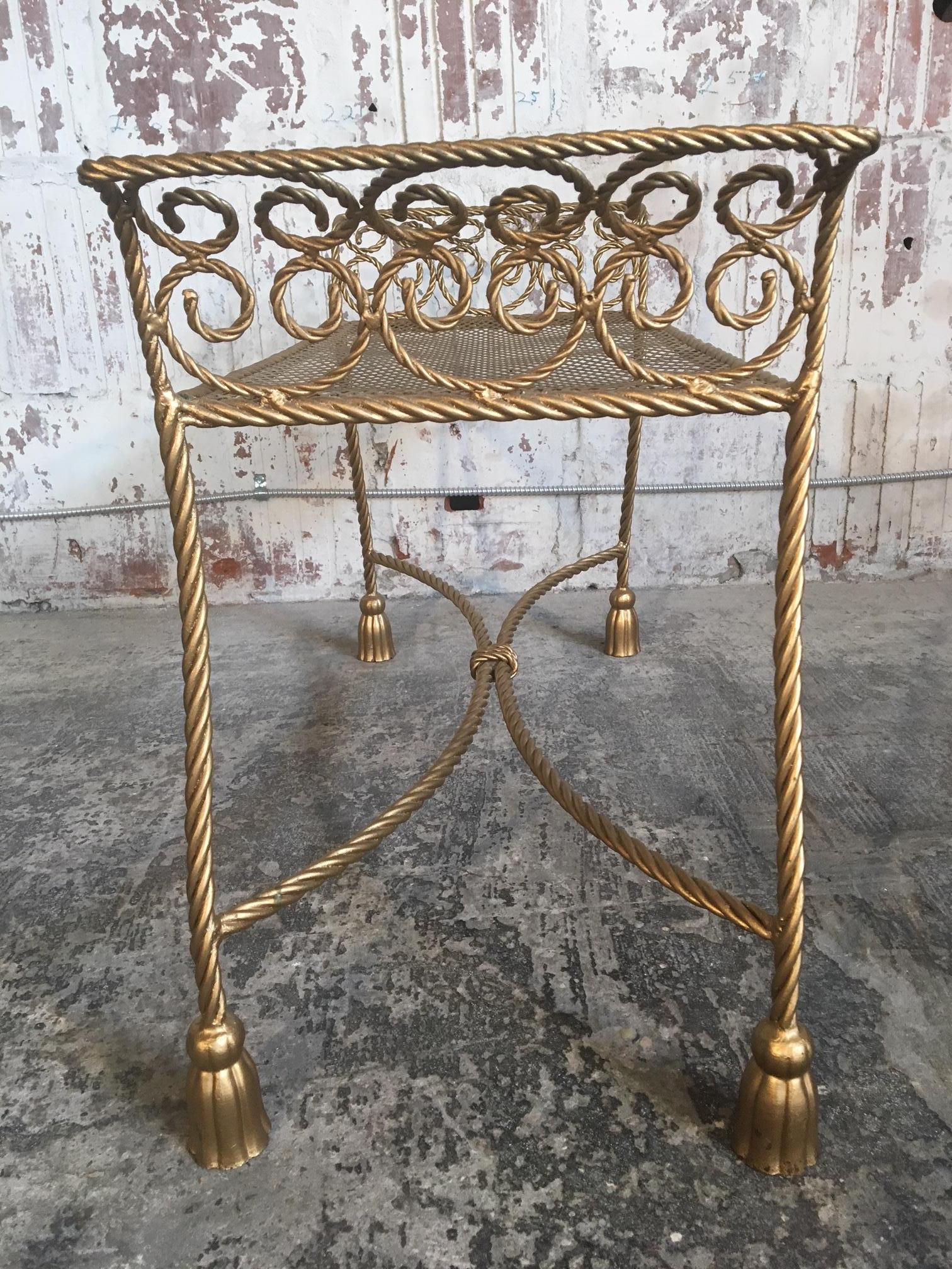 Hollywood Regency Gold Gilt Wrought Iron Tassel Vanity Bench For Sale 1