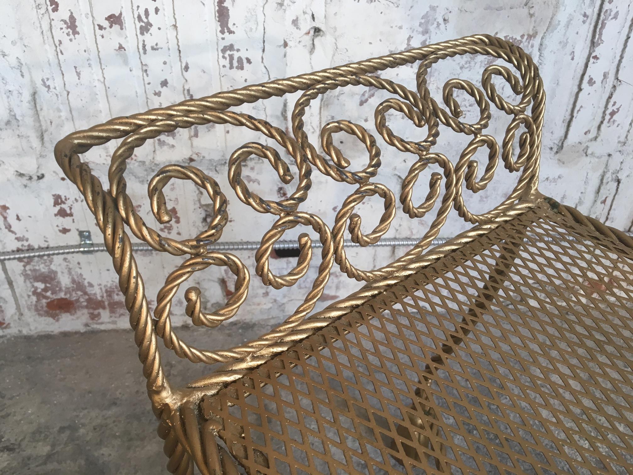 Hollywood Regency Gold Gilt Wrought Iron Tassel Vanity Bench For Sale 2