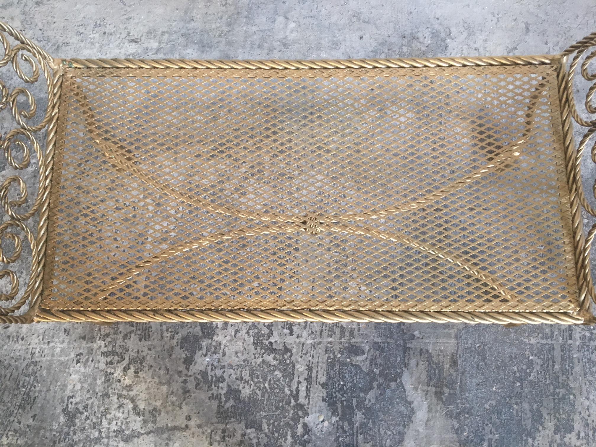 Hollywood Regency Gold Gilt Wrought Iron Tassel Vanity Bench For Sale 3