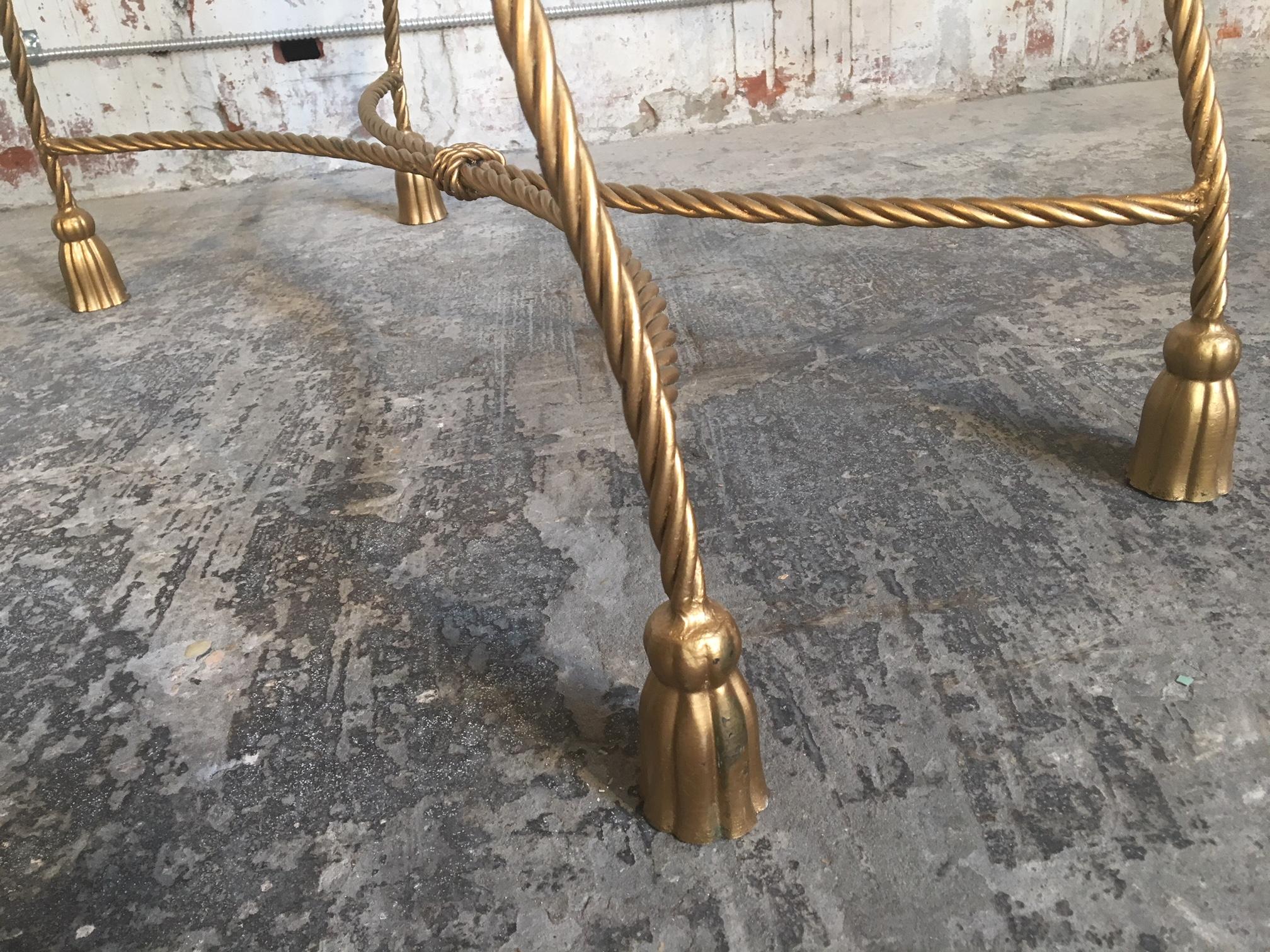 Hollywood Regency Gold Gilt Wrought Iron Tassel Vanity Bench For Sale 4