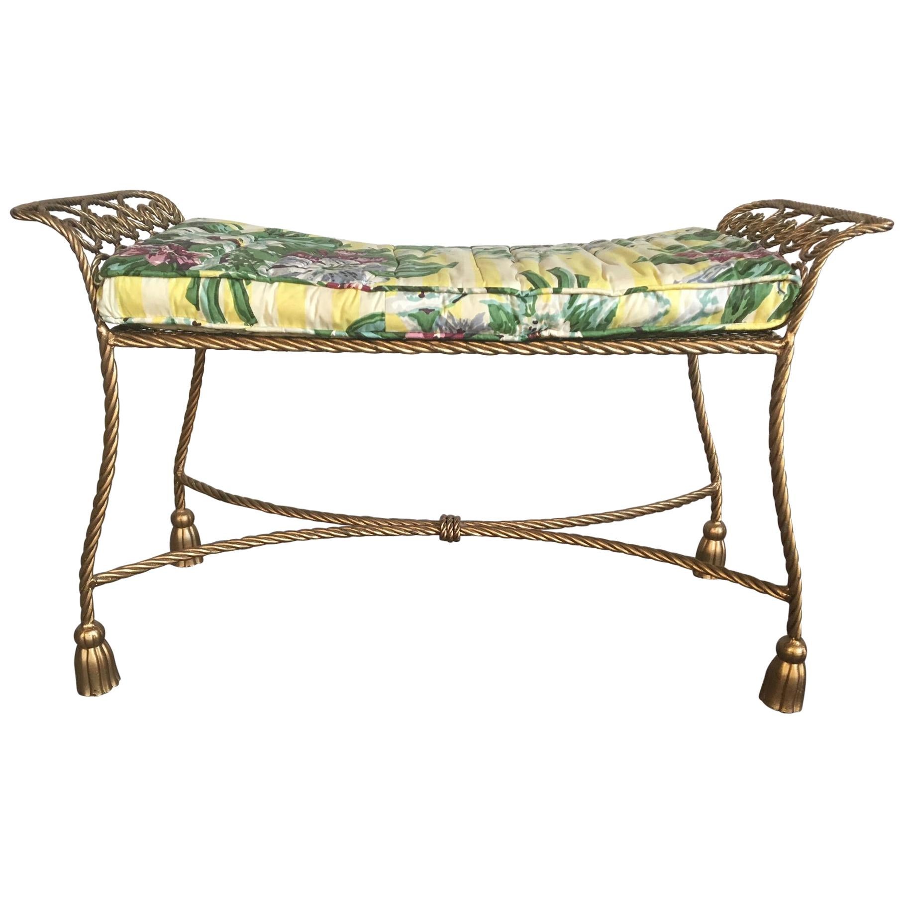 Hollywood Regency Gold Gilt Wrought Iron Tassel Vanity Bench For Sale