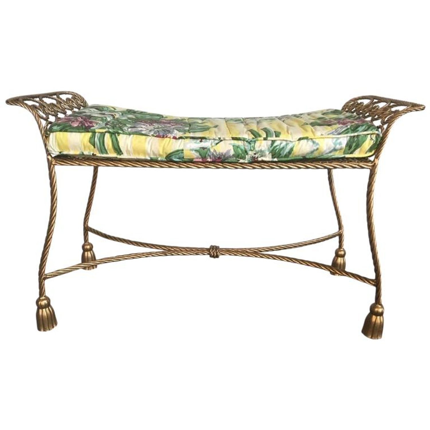 Hollywood Regency Gold Gilt Wrought Iron Tassel Vanity Bench For