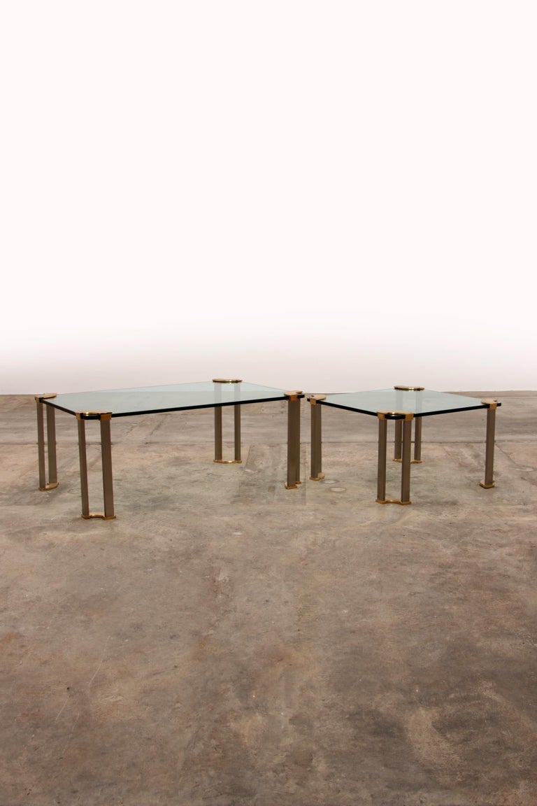 Hollywood Regency Gold Glass Coffee Table with Glass Side Table, 1970