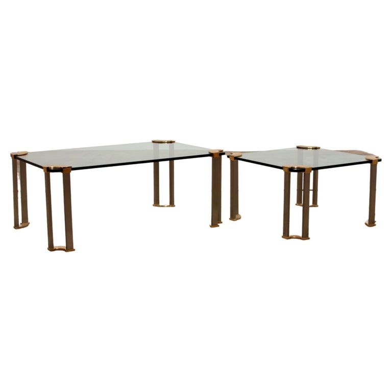 Hollywood Regency Gold Glass Coffee Table with Glass Side Table, 1970