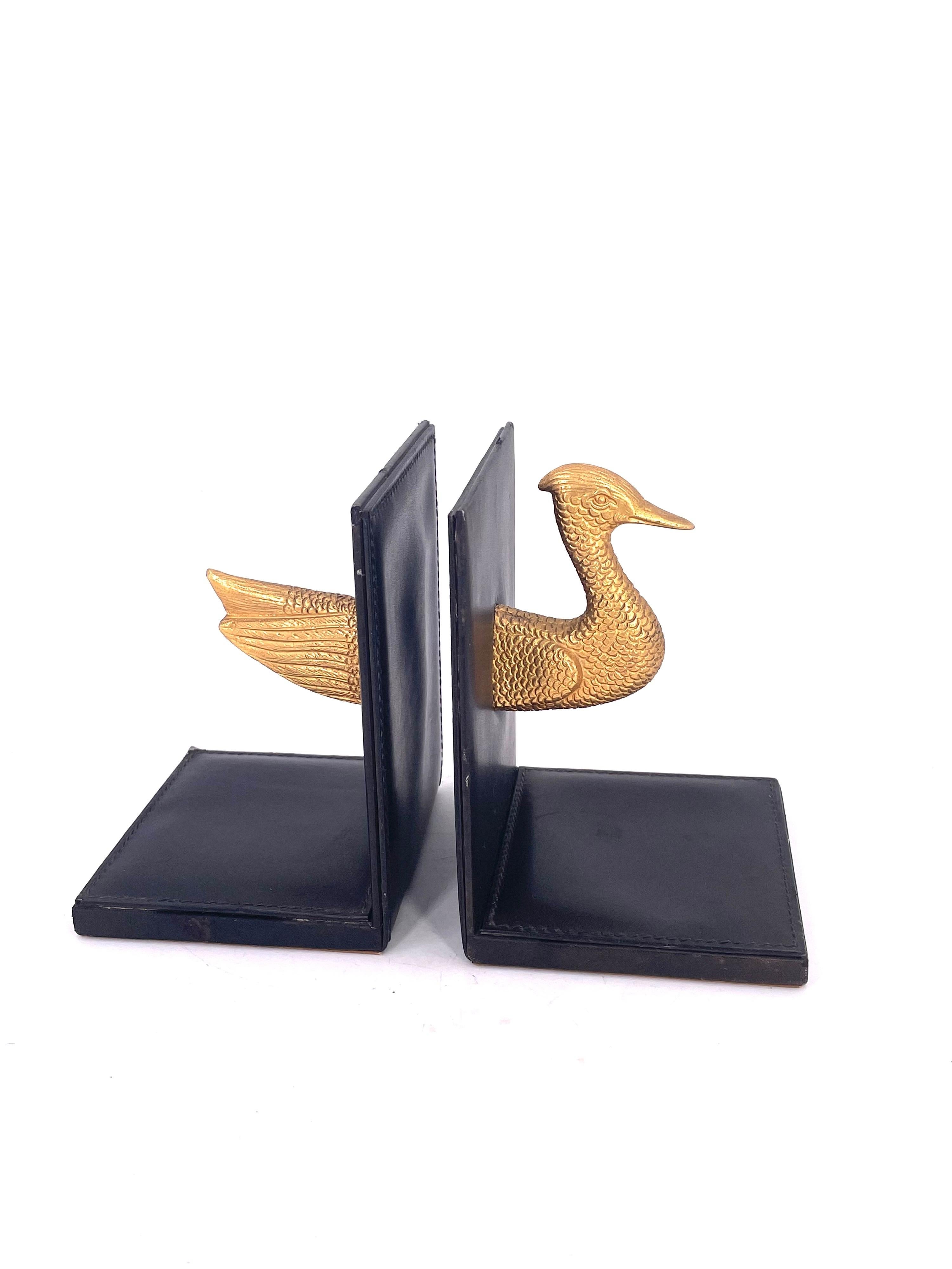 Hollywood Regency Gold Guild Bronze & Leather Italian Bookends In Good Condition For Sale In San Diego, CA