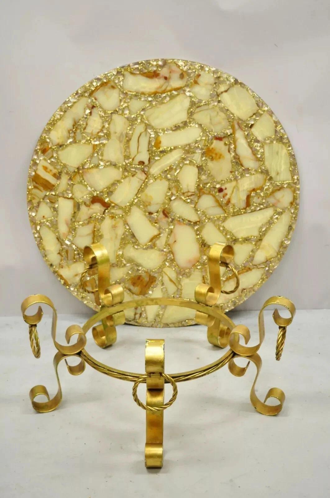Hollywood Regency Gold Iron Scroll Agate Stone Specimen Resin Top Coffee Table For Sale 5