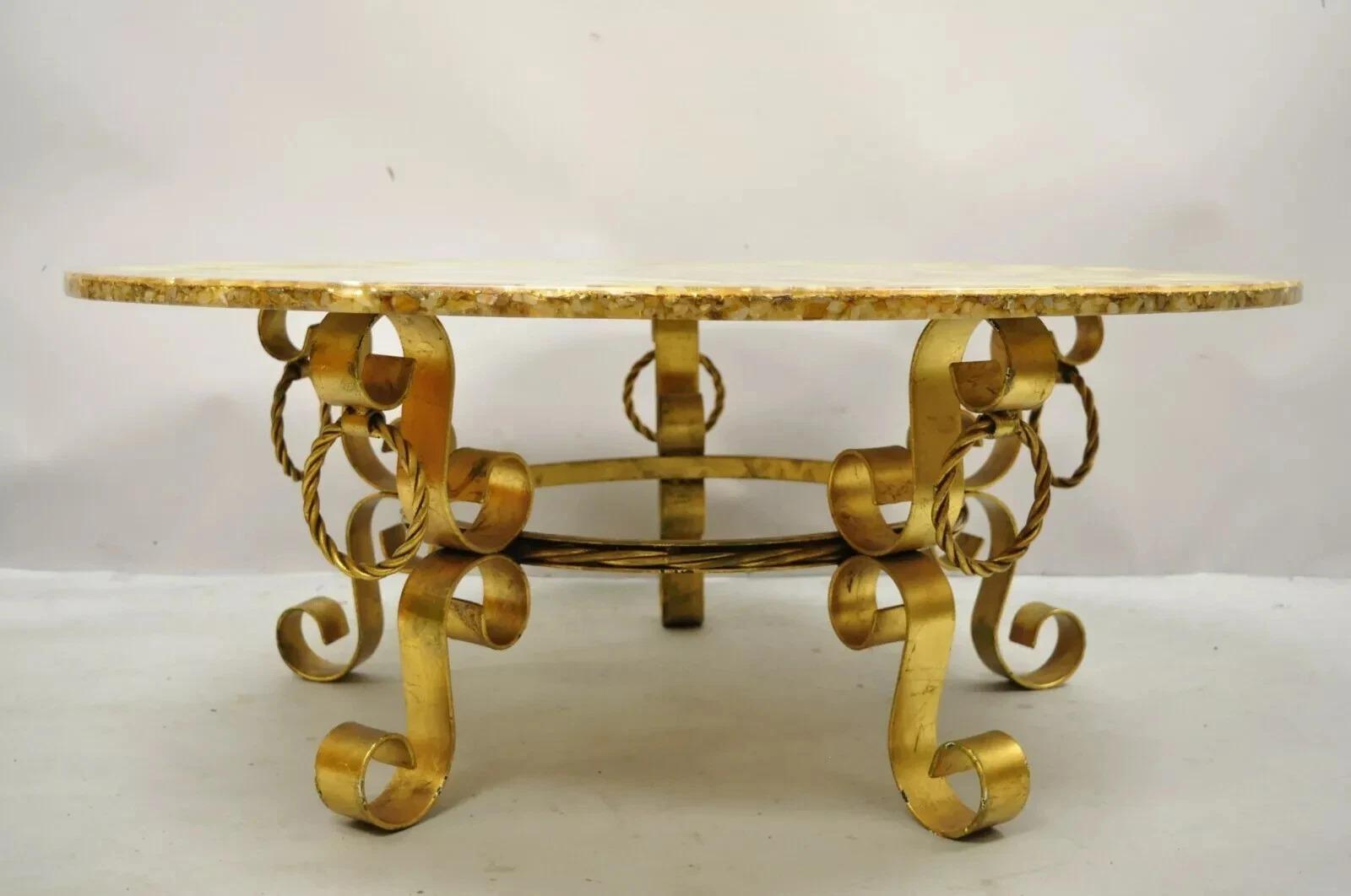 Hollywood Regency Gold Iron Scroll Agate Stone Specimen Resin Top Coffee Table For Sale 7