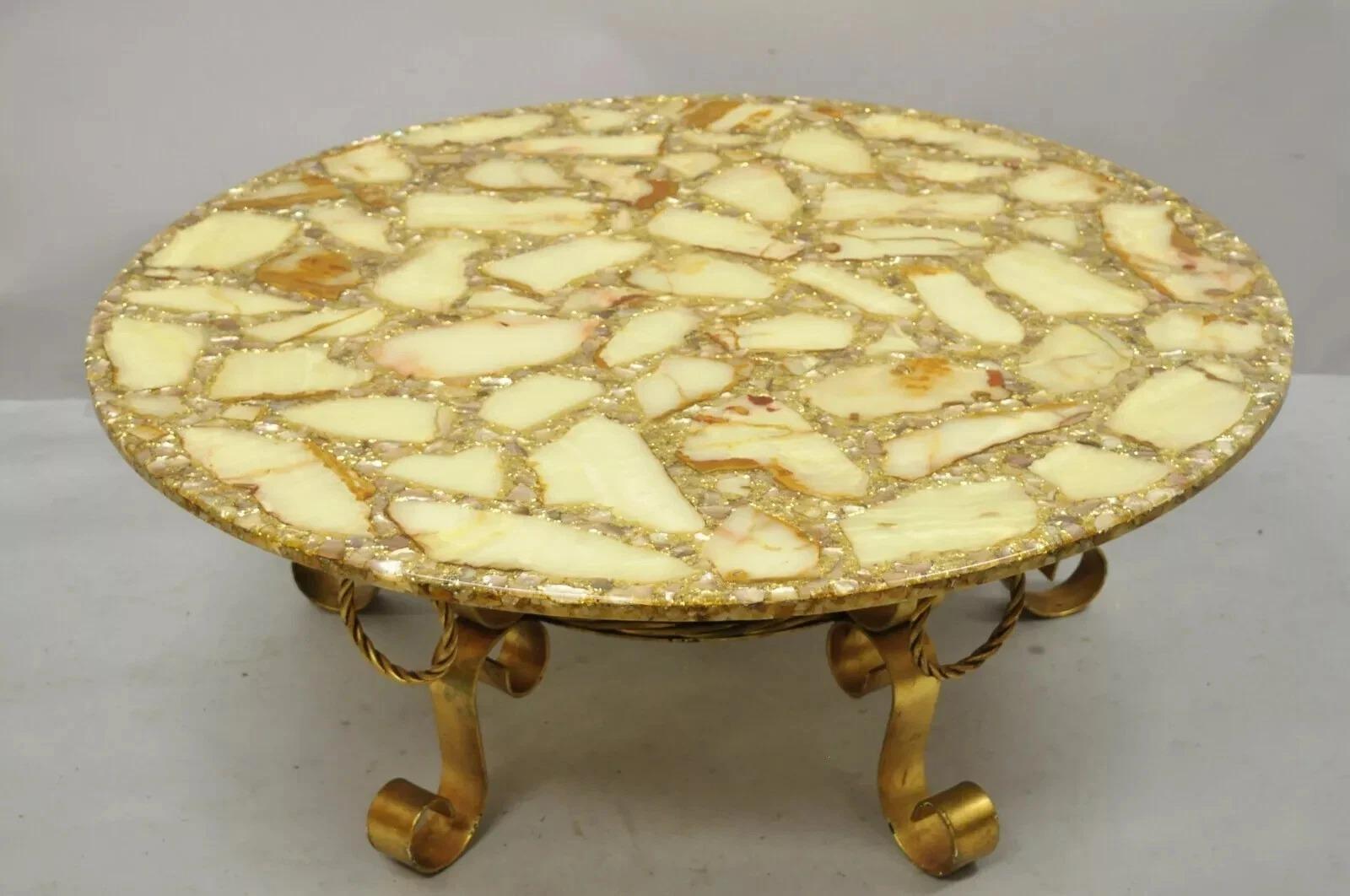 Vintage Hollywood Regency Gold Iron Scroll Agate Stone Specimen Resin Top Coffee Table. Circa Mid 20th Century. Measurements: 17