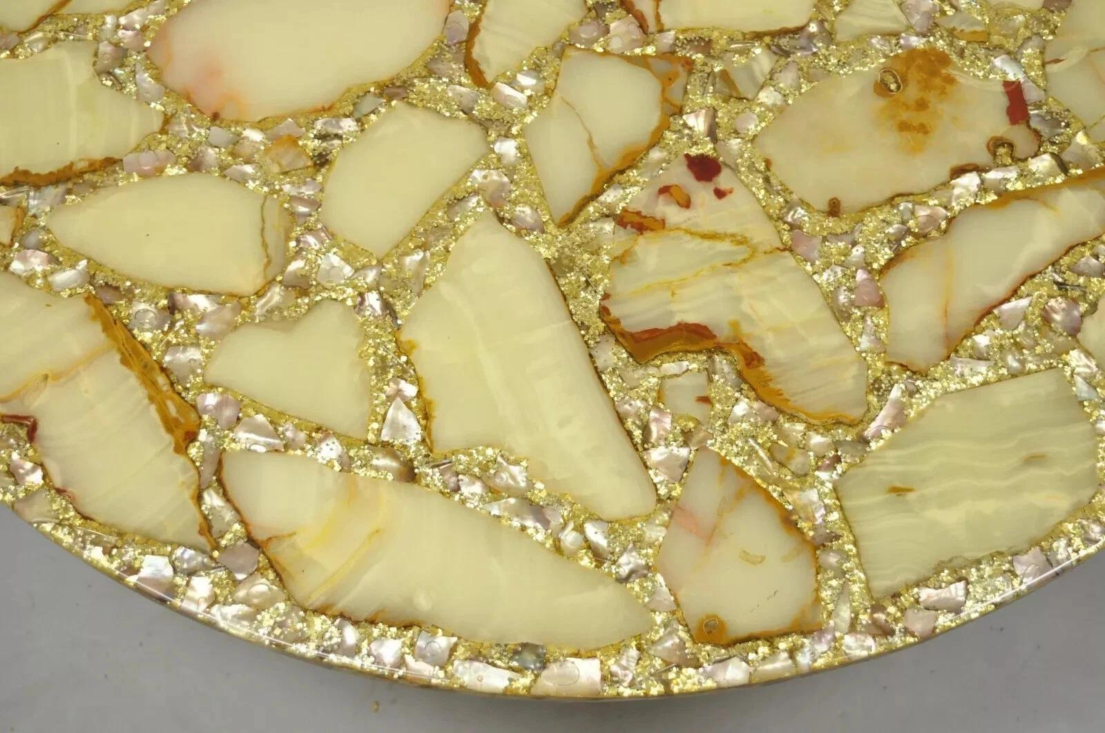 Hollywood Regency Gold Iron Scroll Agate Stone Specimen Resin Top Coffee Table In Good Condition For Sale In Philadelphia, PA
