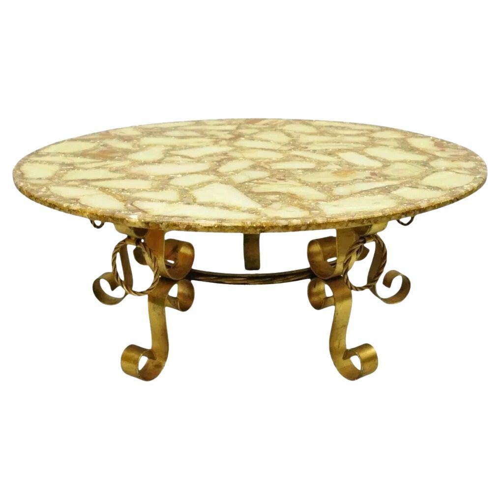 Hollywood Regency Gold Iron Scroll Agate Stone Specimen Resin Top Coffee Table