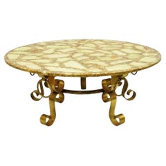 Hollywood Regency Gold Iron Scroll Agate Stone Specimen Resin Top Coffee Table