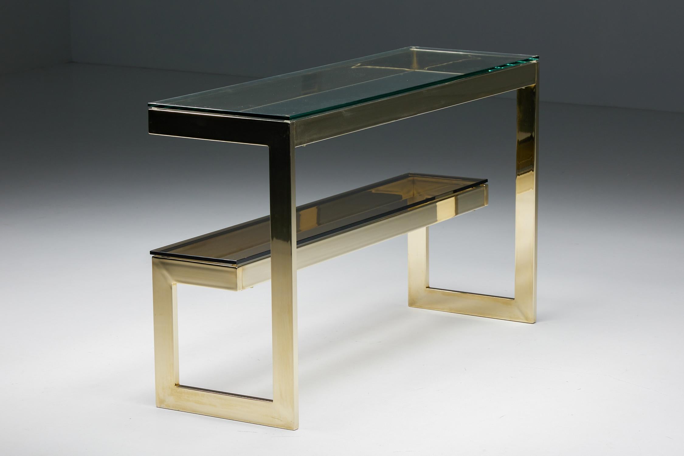 Hollywood Regency Gold Layered G Two-Tier Console Table by Belgo Chrome, 1980's 4