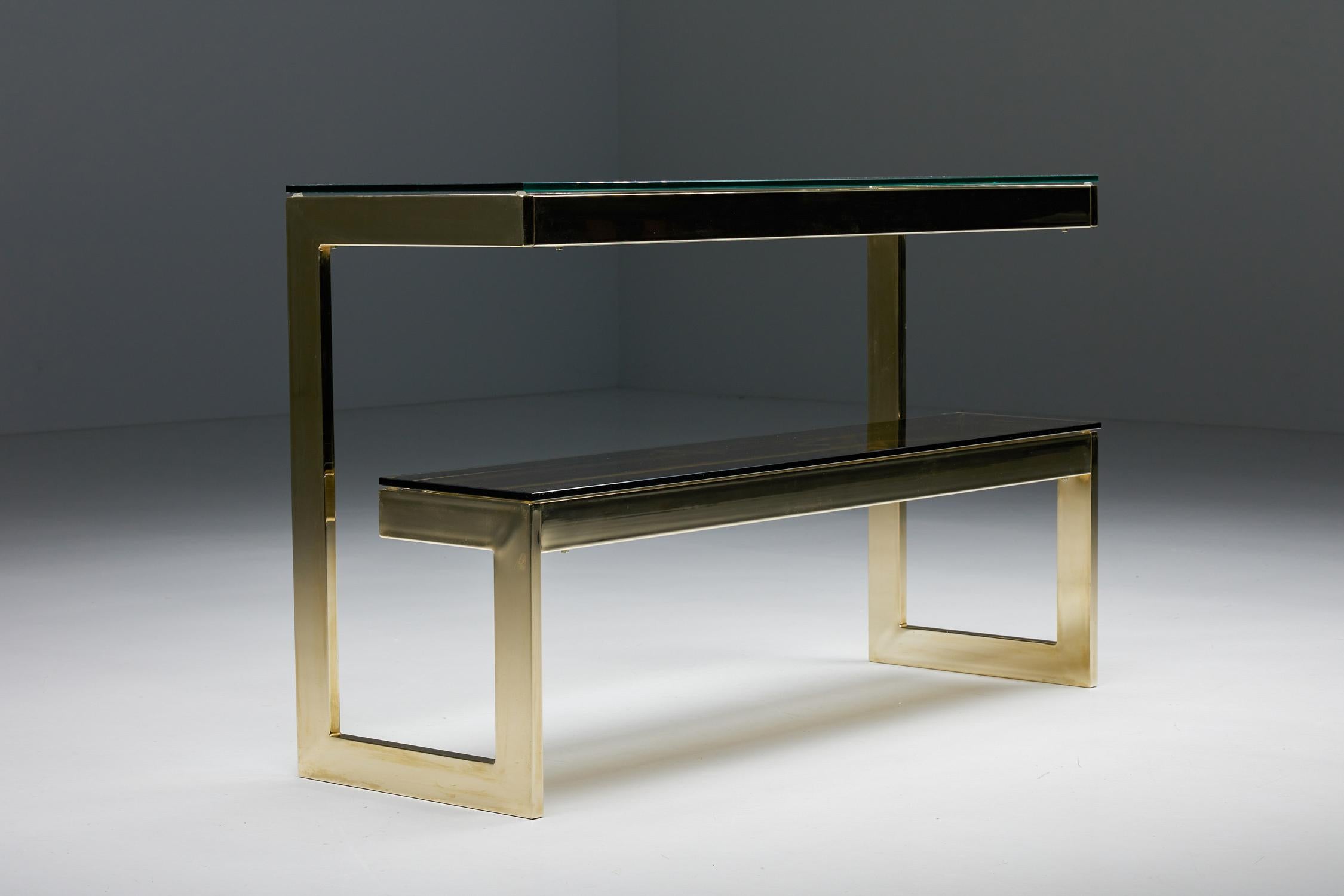Belgian Hollywood Regency Gold Layered G Two-Tier Console Table by Belgo Chrome, 1980's