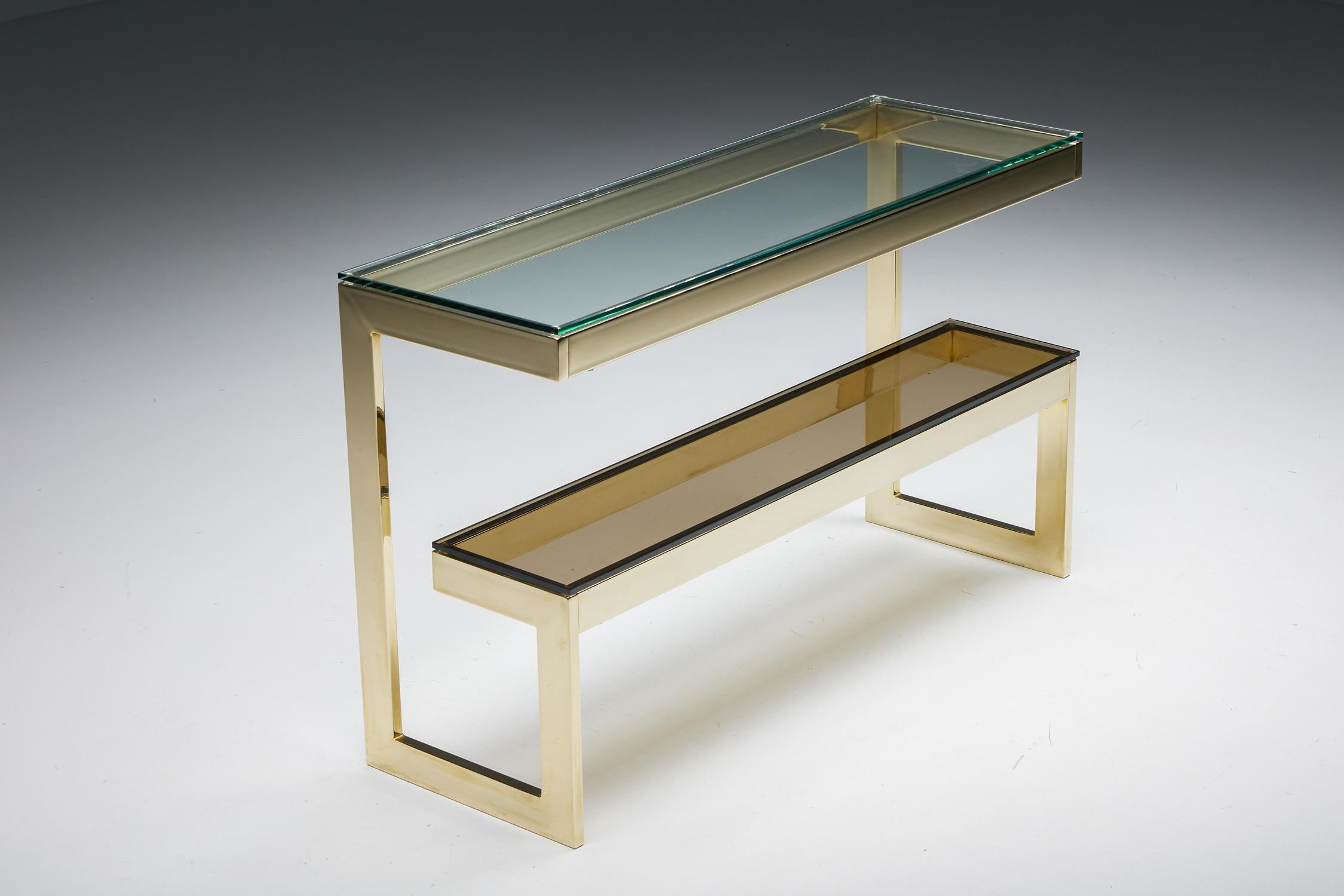 Hollywood Regency Gold Layered G Two-Tier Console Table by Belgo Chrome, 1980's 1