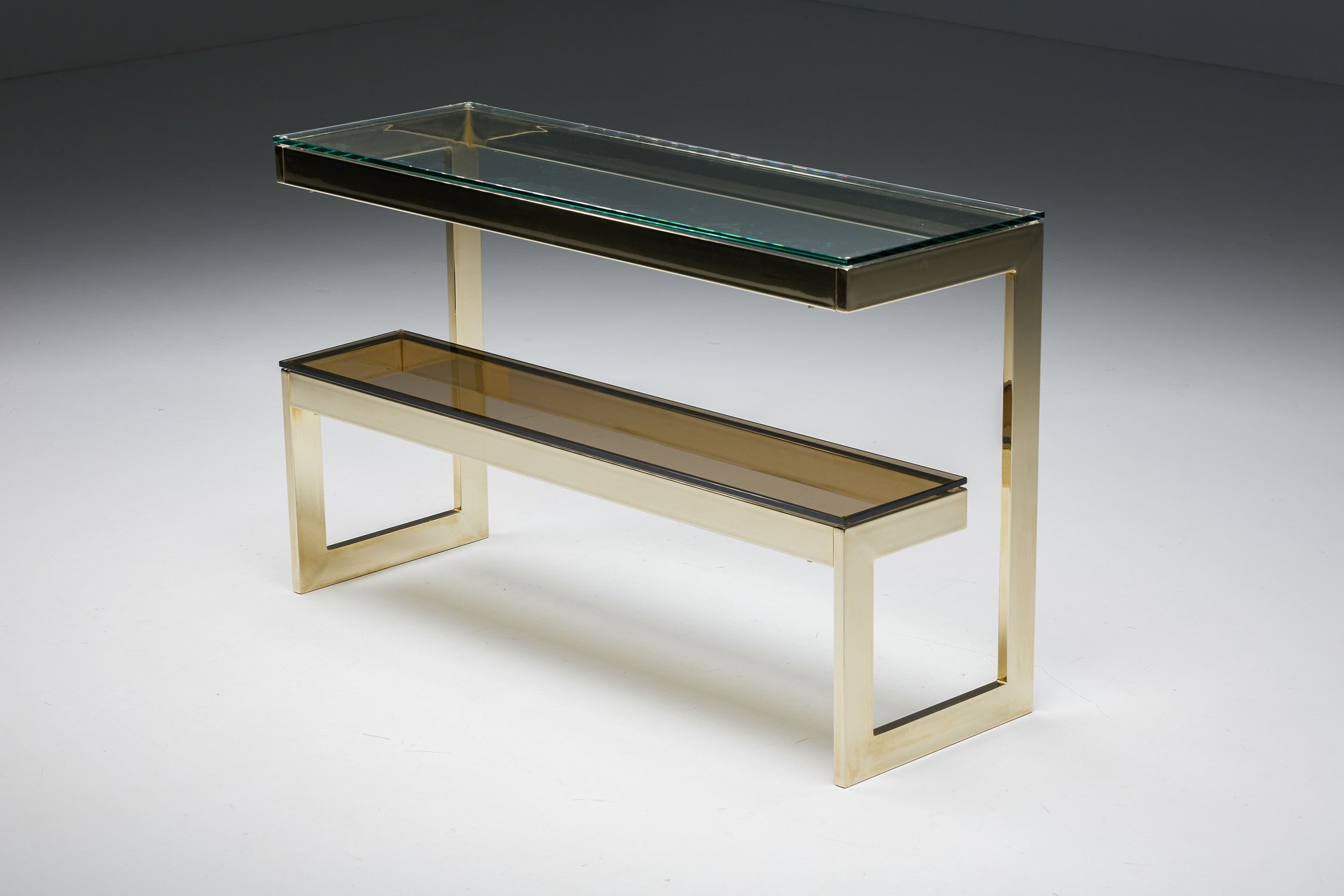 Hollywood Regency Gold Layered G Two-Tier Console Table by Belgo Chrome, 1980's