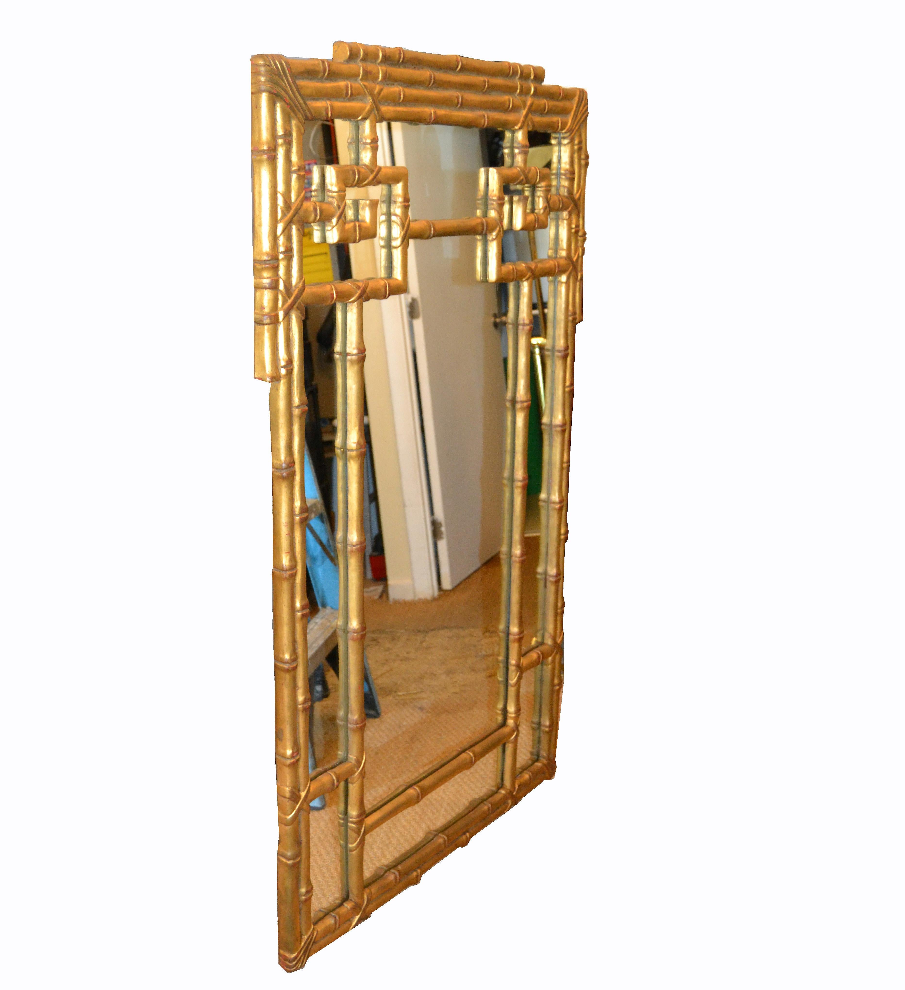 American Hollywood Regency Gold Leaf Faux Bamboo Greek Key Wall Mirror