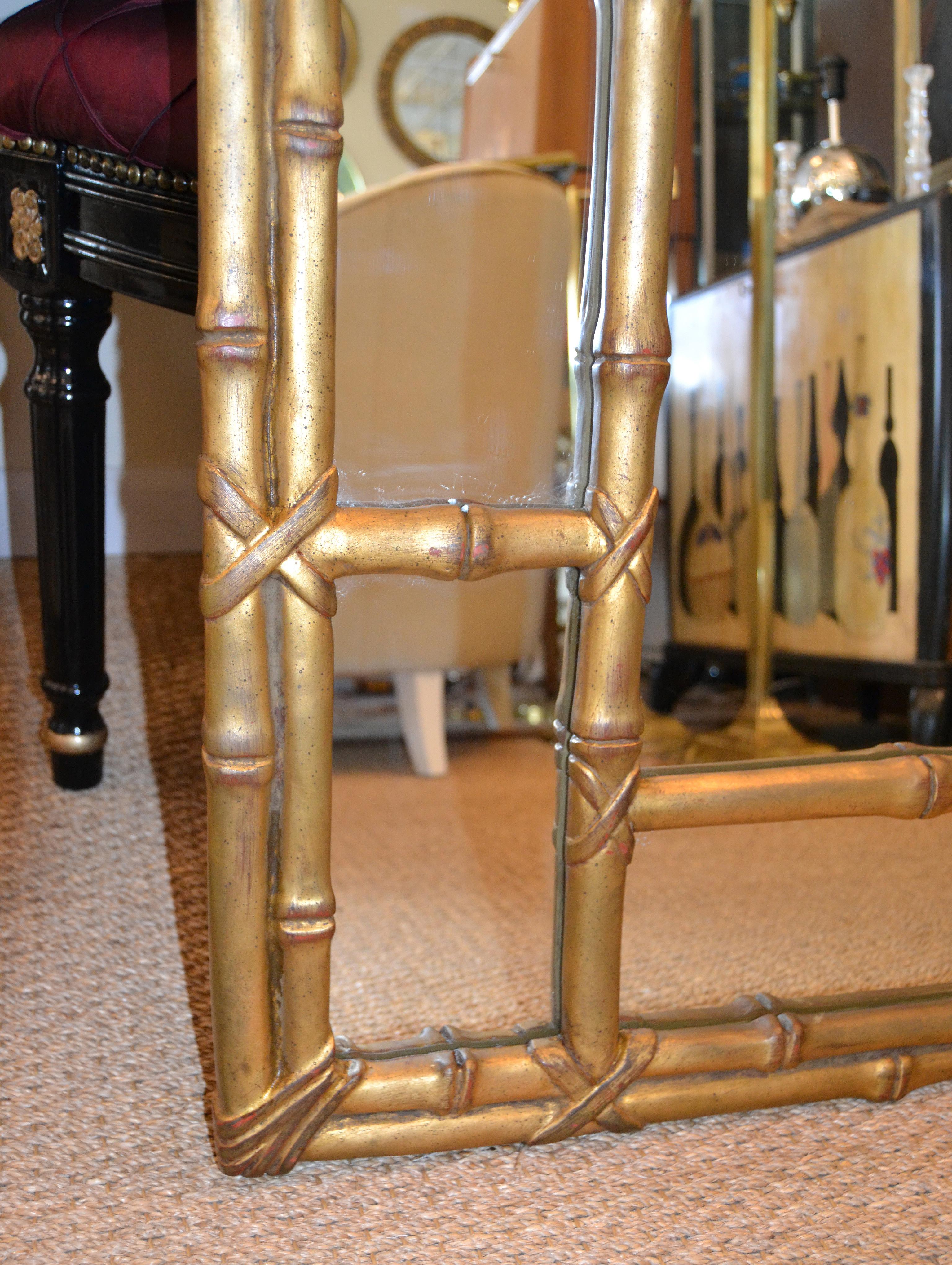 Mid-20th Century Hollywood Regency Gold Leaf Faux Bamboo Greek Key Wall Mirror