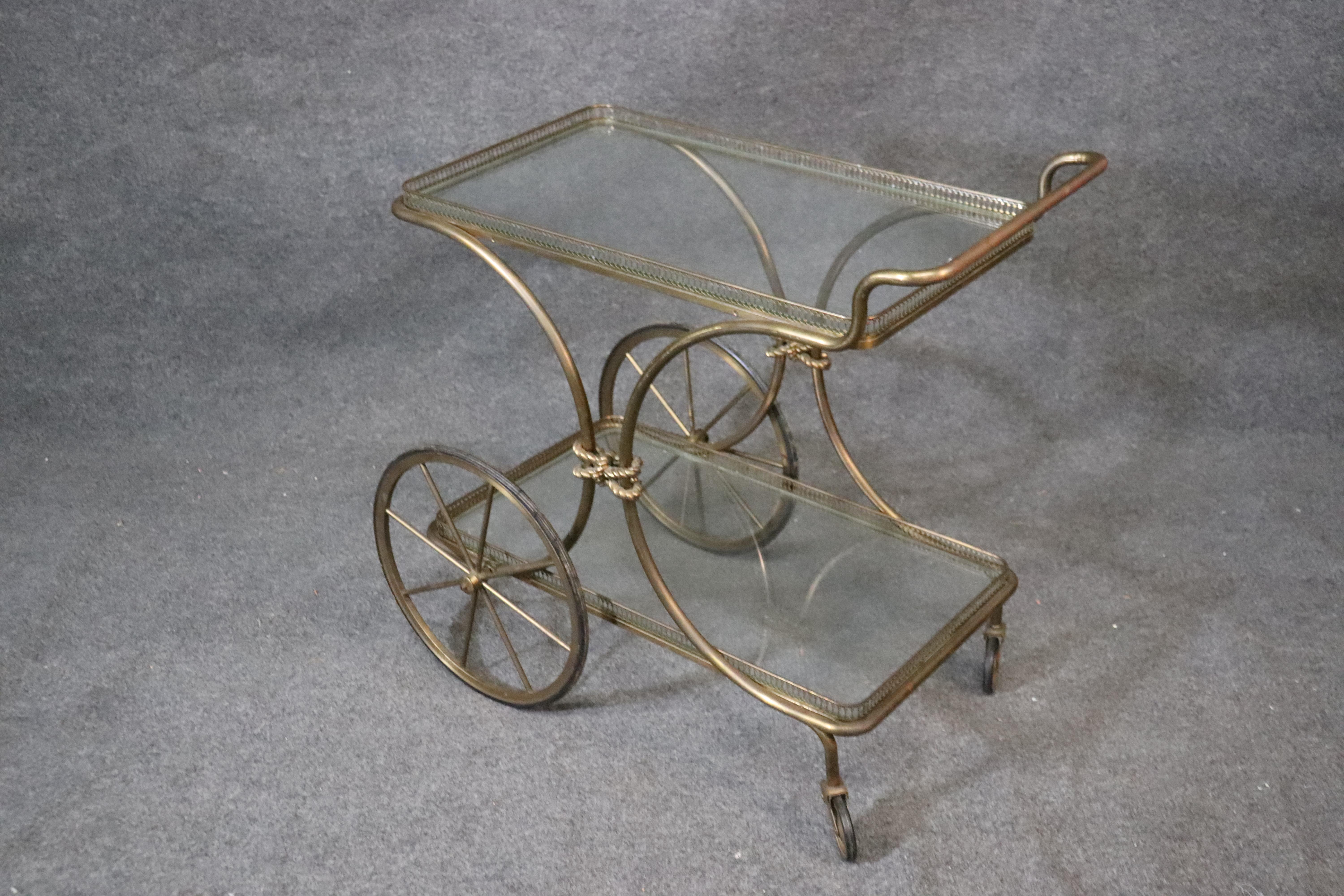 Hollywood Regency Gold Leaf Gilded Metal Italian Tea Trolley Liquor Cart 2