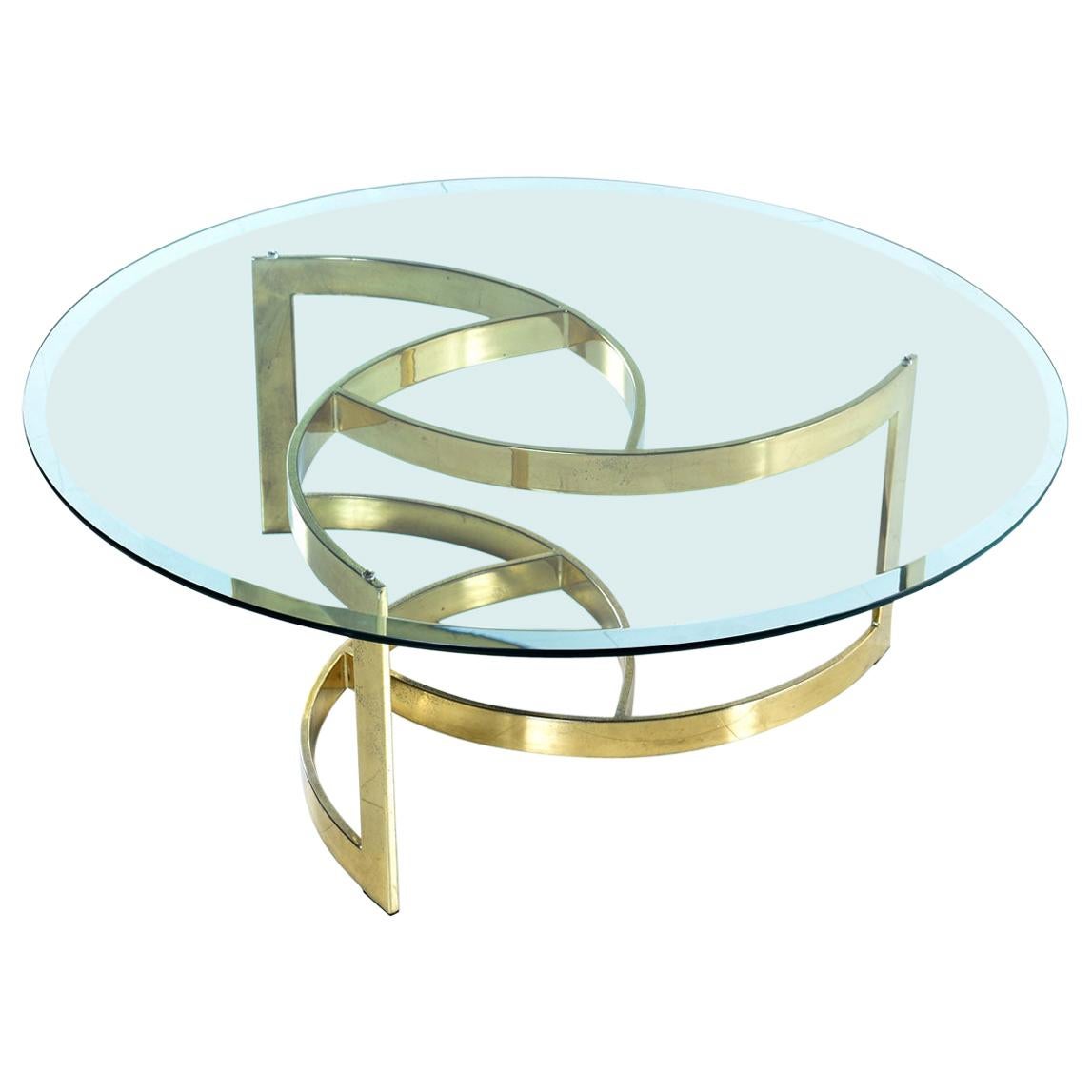 Hollywood Regency Gold Spiral Coffee Table with Circular Glass Top on Brass Base