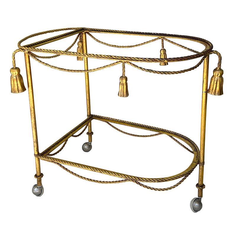 20th Century Hollywood Regency Gold Tassel Motif Rolling Bar Cart with Double Glass Shelves For Sale
