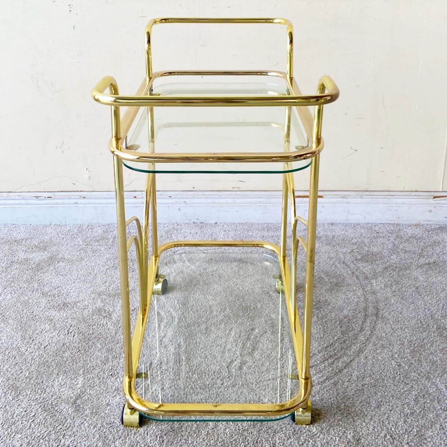 Hollywood Regency Gold Two Tier Bar Cart In Good Condition For Sale In Delray Beach, FL