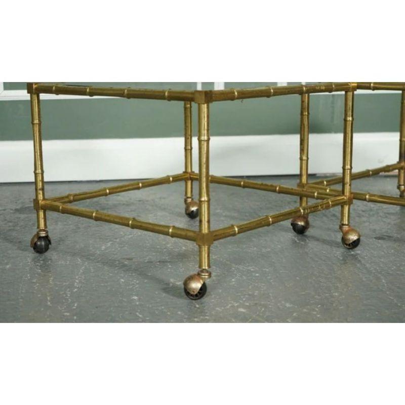 Hollywood Regency Golden Bamboo Coffee Table & Side Tables on Castors For Sale 5