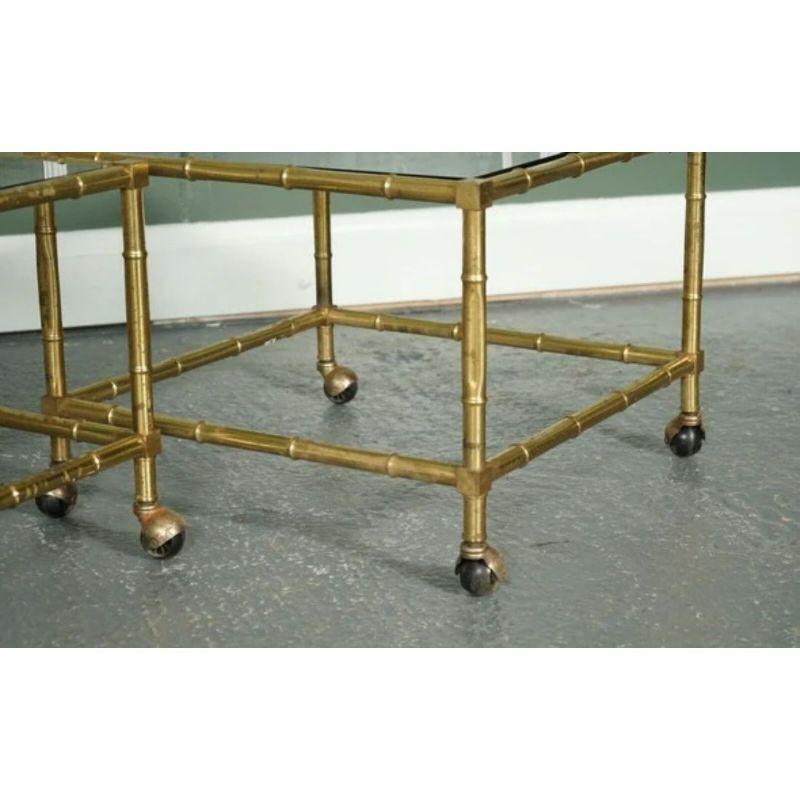 Italian Hollywood Regency Golden Bamboo Coffee Table & Side Tables on Castors For Sale