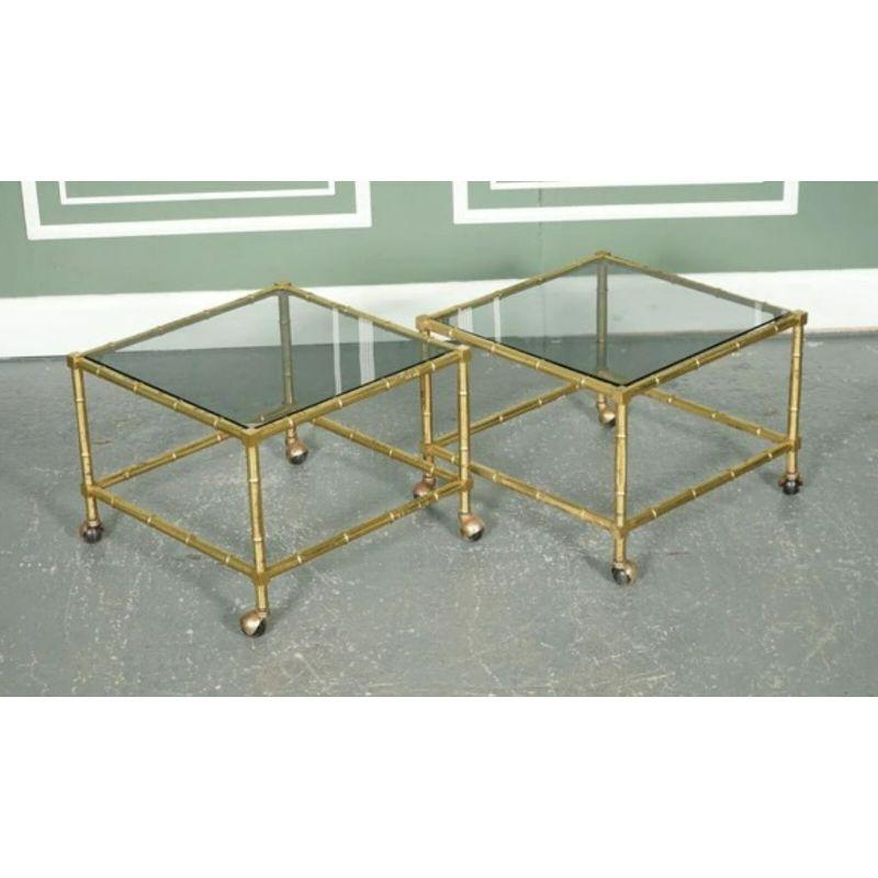 20th Century Hollywood Regency Golden Bamboo Coffee Table & Side Tables on Castors For Sale