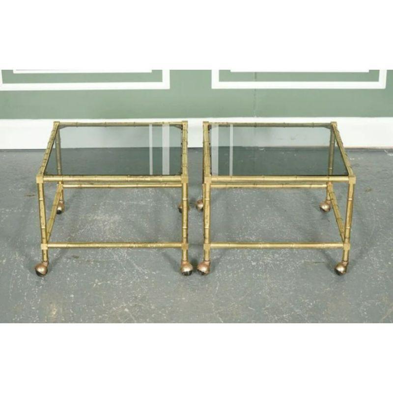 Smoked Glass Hollywood Regency Golden Bamboo Coffee Table & Side Tables on Castors For Sale