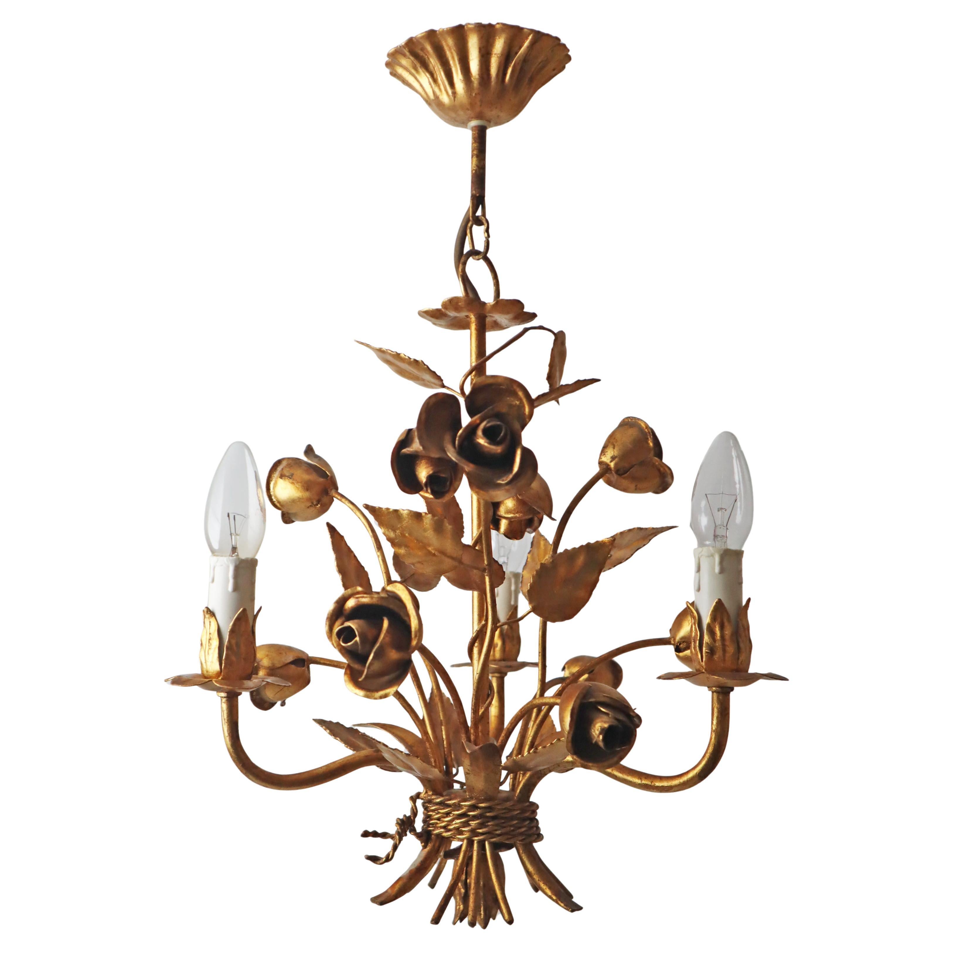Hollywood Regency Golden Chandelier with Roses by Hans Kögl