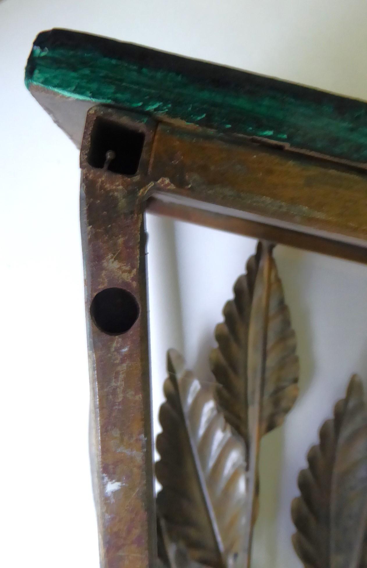 Hollywood Regency Golden Metal Wall Console Faux Malachite Wood Top 1970s For Sale 7