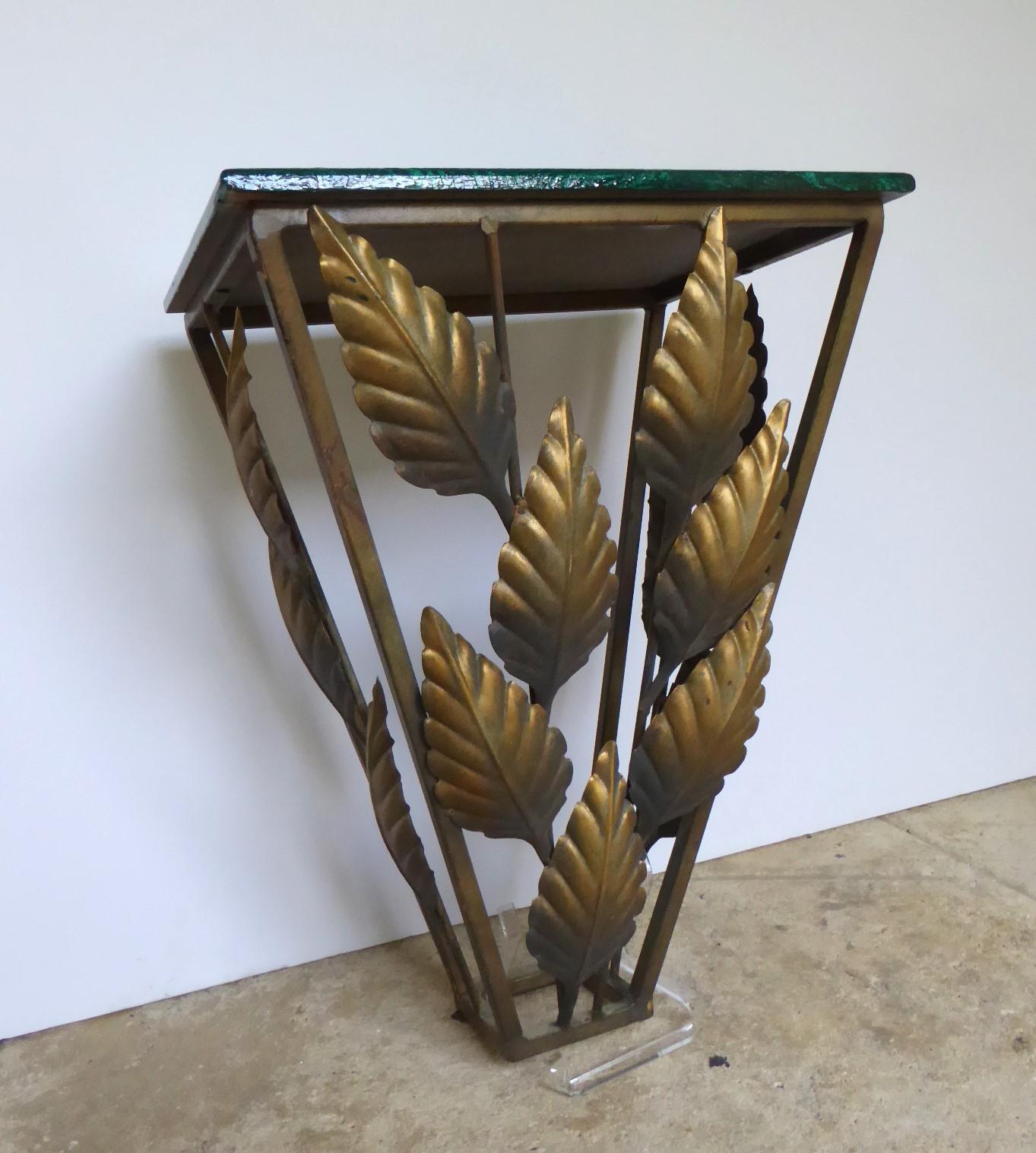 American Hollywood Regency Golden Metal Wall Console Faux Malachite Wood Top 1970s For Sale