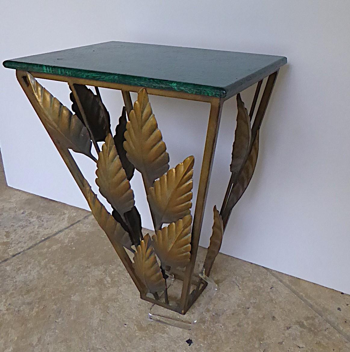 Hollywood Regency Golden Metal Wall Console Faux Malachite Wood Top 1970s In Good Condition For Sale In Miami, FL