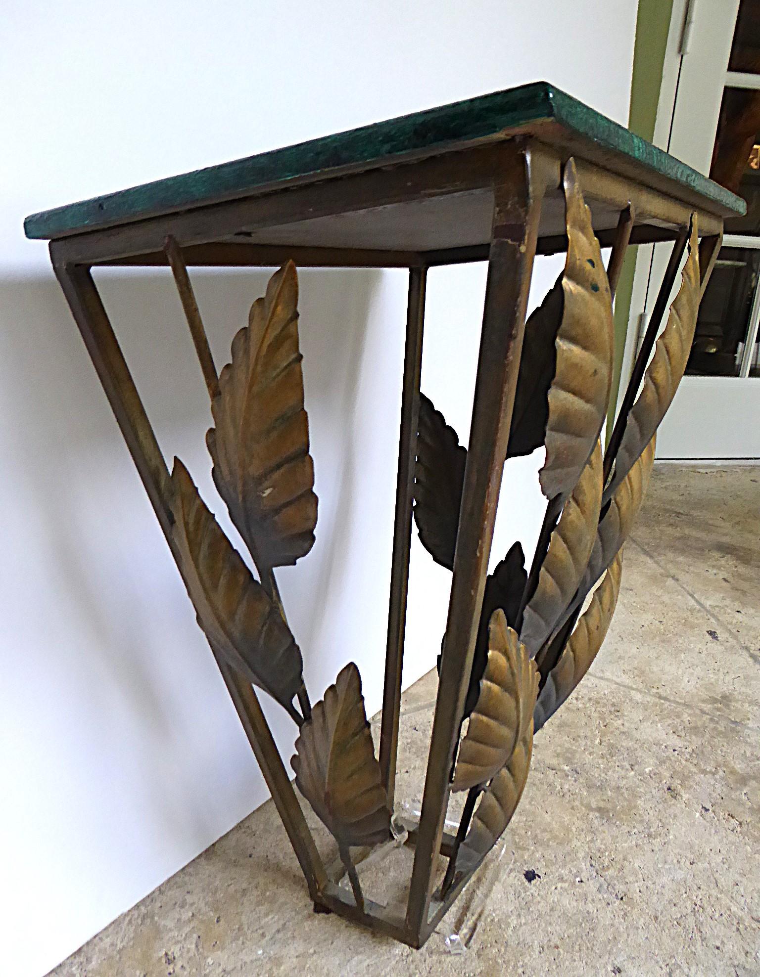 Hollywood Regency Golden Metal Wall Console Faux Malachite Wood Top 1970s For Sale 1
