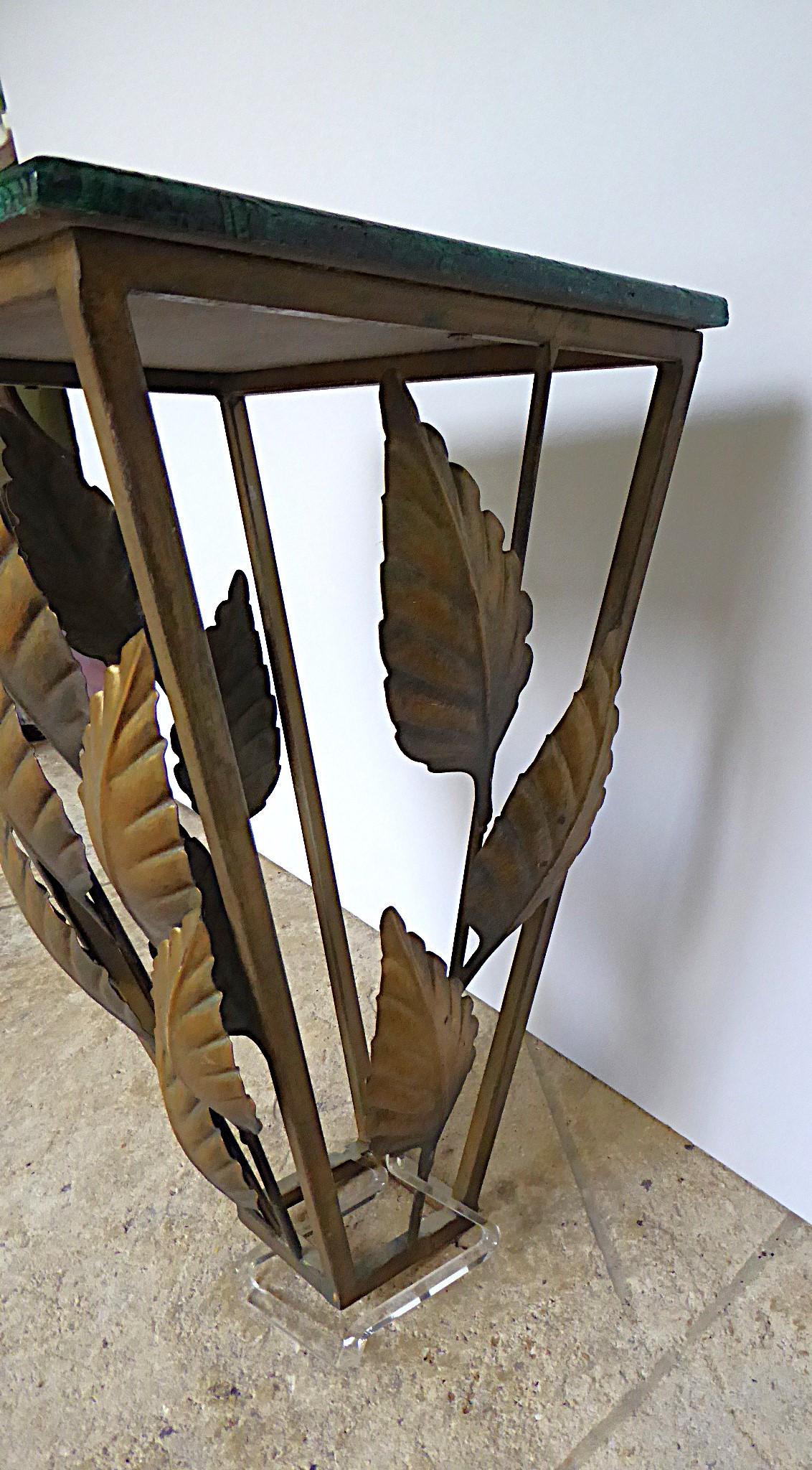 Hollywood Regency Golden Metal Wall Console Faux Malachite Wood Top 1970s For Sale 2