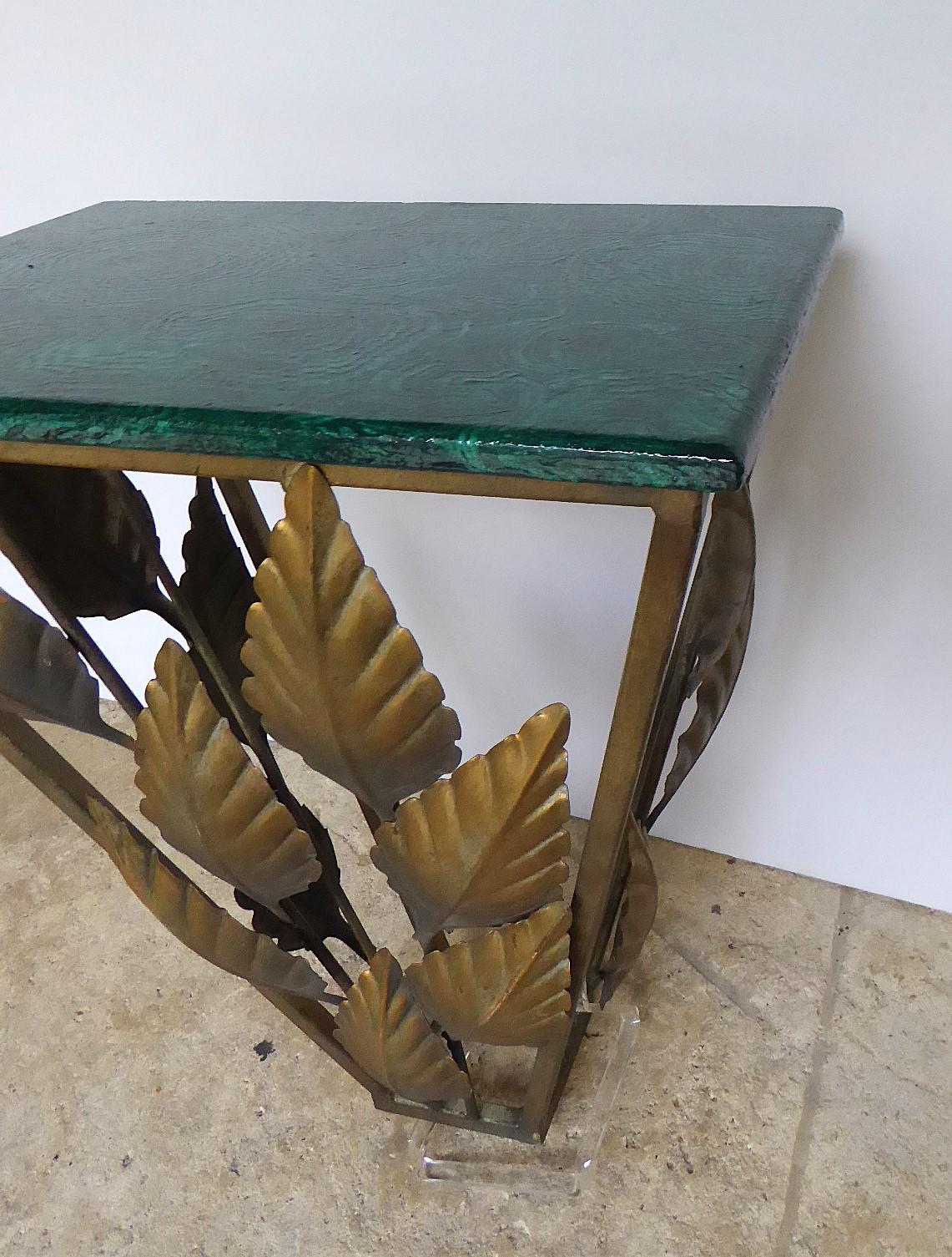Hollywood Regency Golden Metal Wall Console Faux Malachite Wood Top 1970s For Sale 3