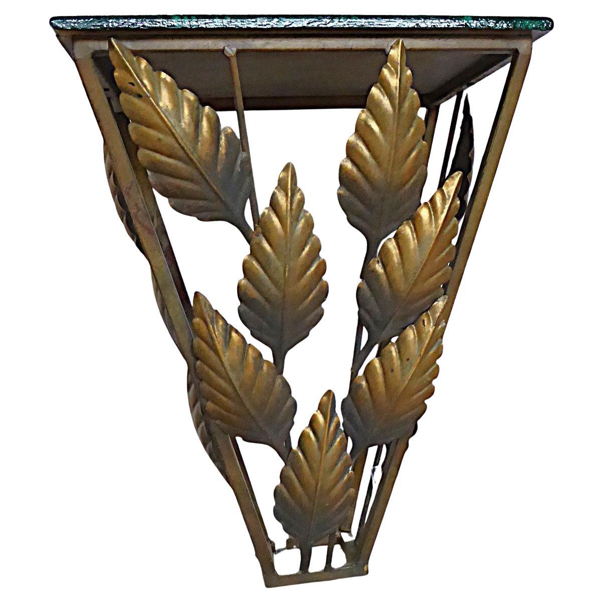 Console da parete Hollywood Regency in metallo dorato con piano in Wood Wood finto malachite anni '70