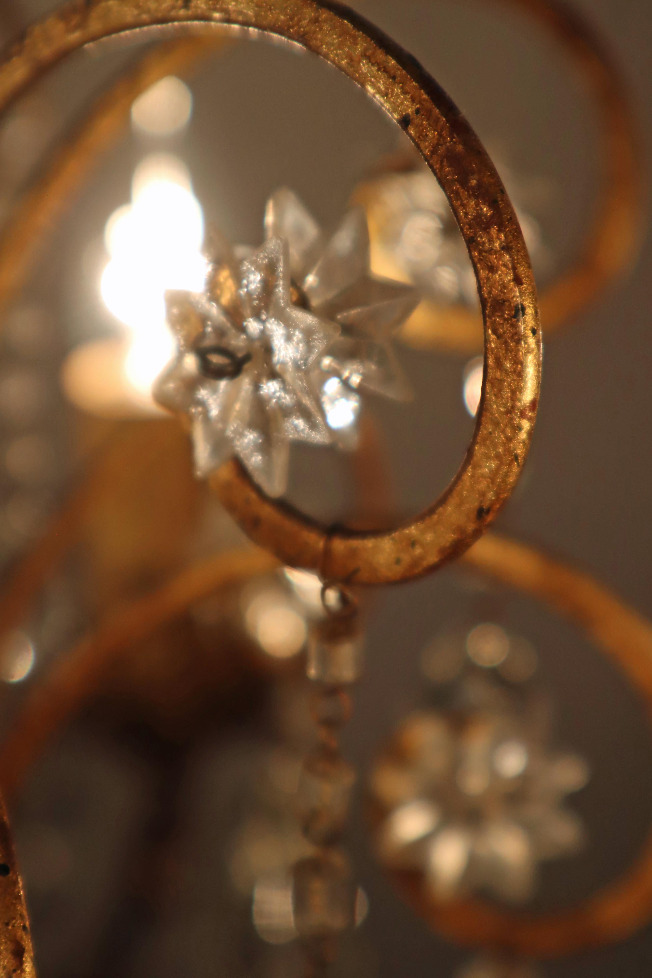 Hand-Crafted Hollywood Regency Golden Stars and Water Drops Chandelier, Italy 1930s For Sale