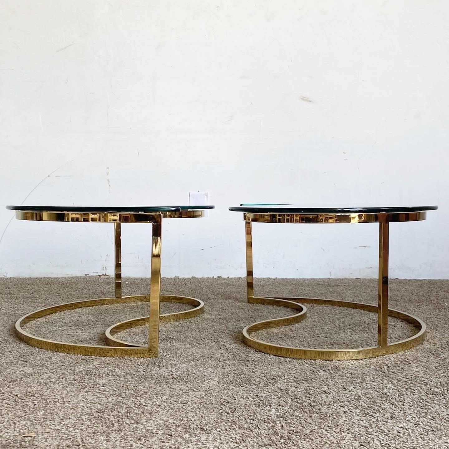 Hollywood Regency Golden Tear Drop Glass Top Coffee Table Set - a Pair 3