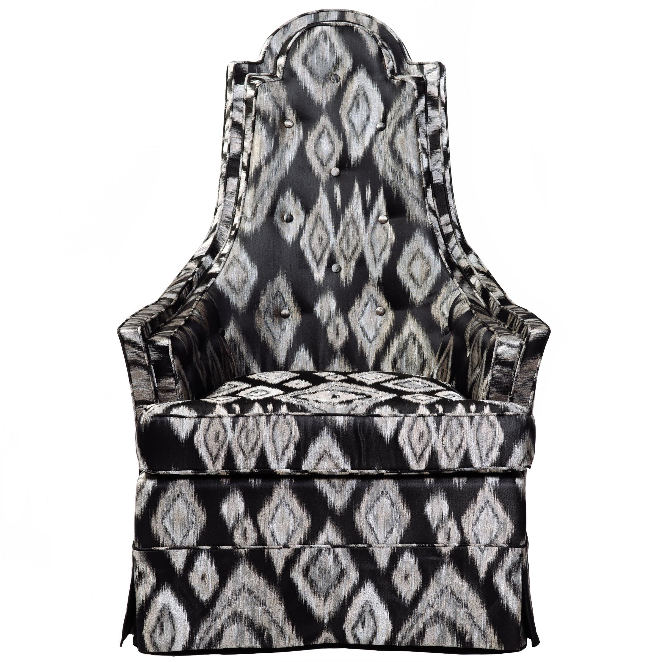 Mid-Century Modern Skirted High Back Chair in Black and Silver Ikat. c. 1960's For Sale 4