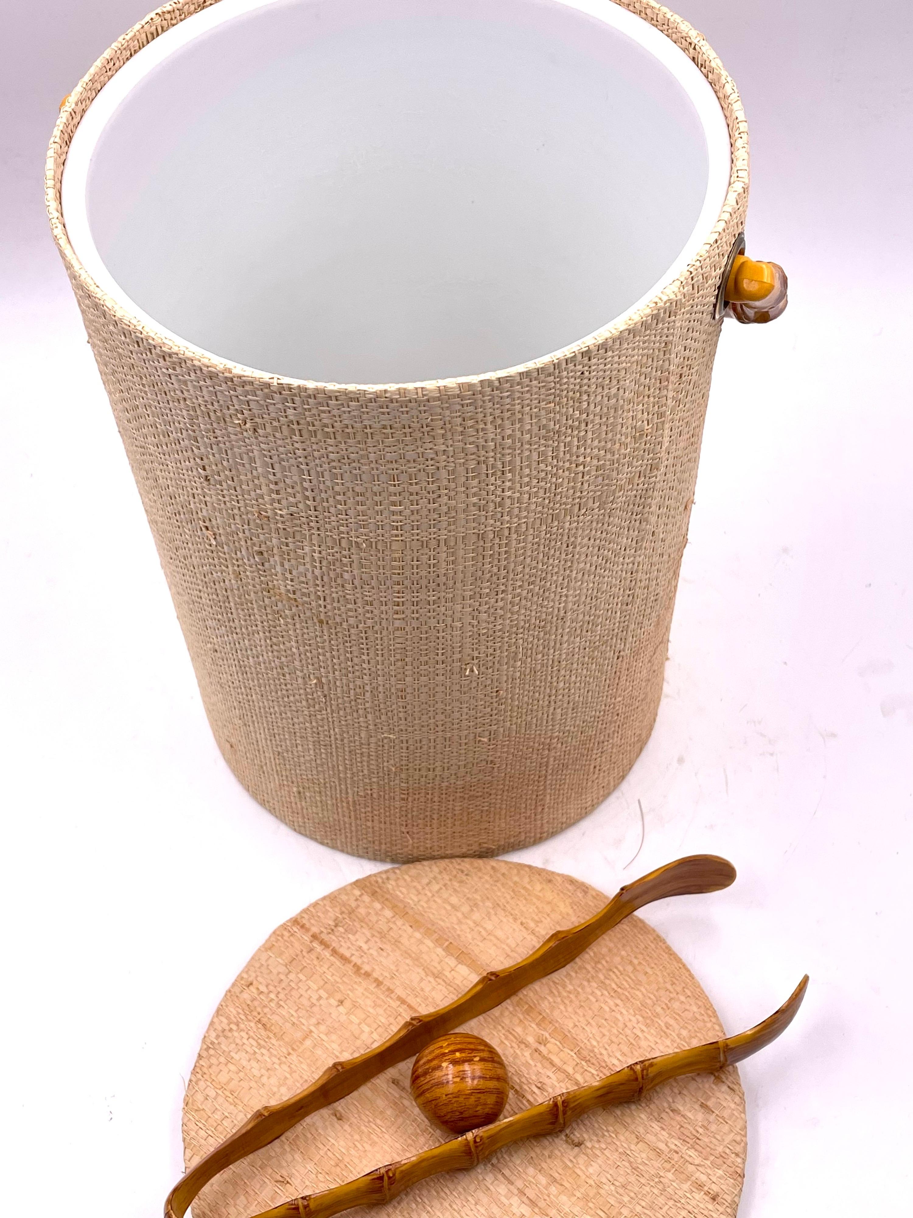 North American Hollywood Regency Grasscloth & Faux Bamboo Ice Bucket & Tongues