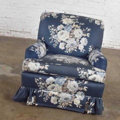 Hollywood Regency Gray Chintz Cabbage Rose Floral Club Chair Swivel Rocker