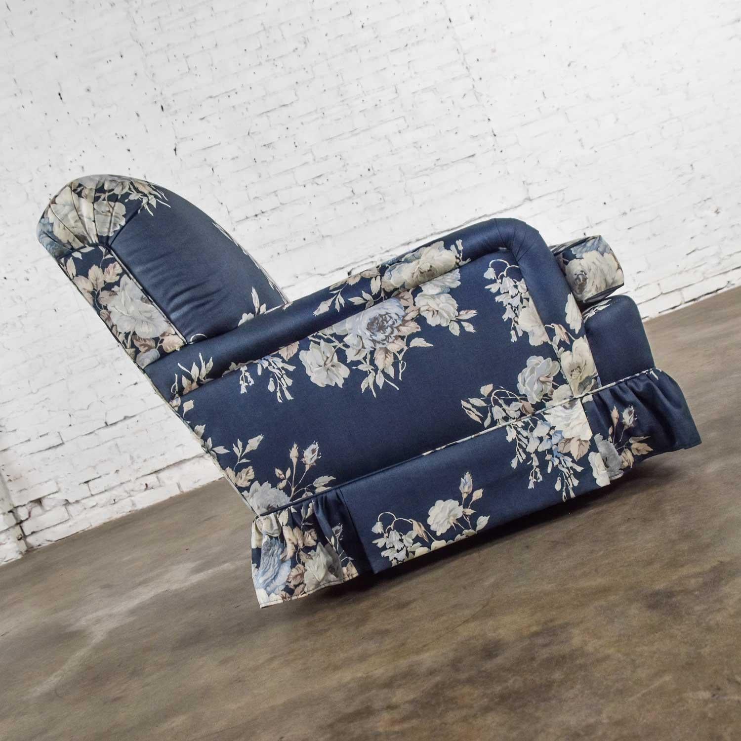 Hollywood Regency Gray Chintz Cabbage Rose Floral Club Chair Swivel Rocker In Good Condition In Topeka, KS