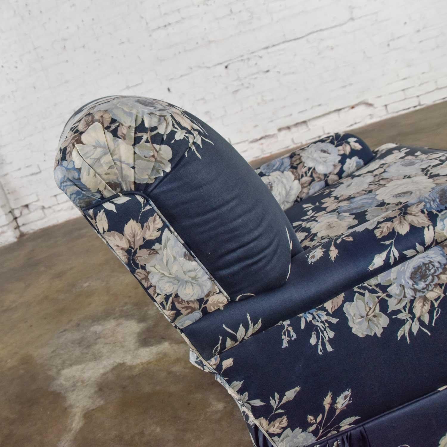 20th Century Hollywood Regency Gray Chintz Cabbage Rose Floral Club Chair Swivel Rocker