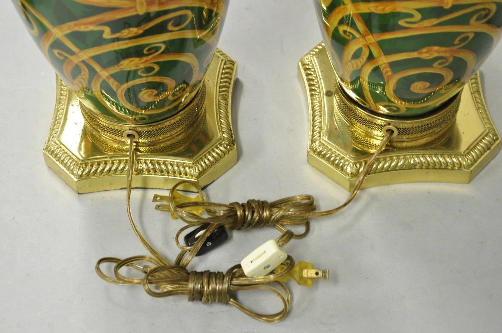Hollywood Regency Green & Gold Scroll Painted Ceramic Table Lamps - a Pair For Sale 5