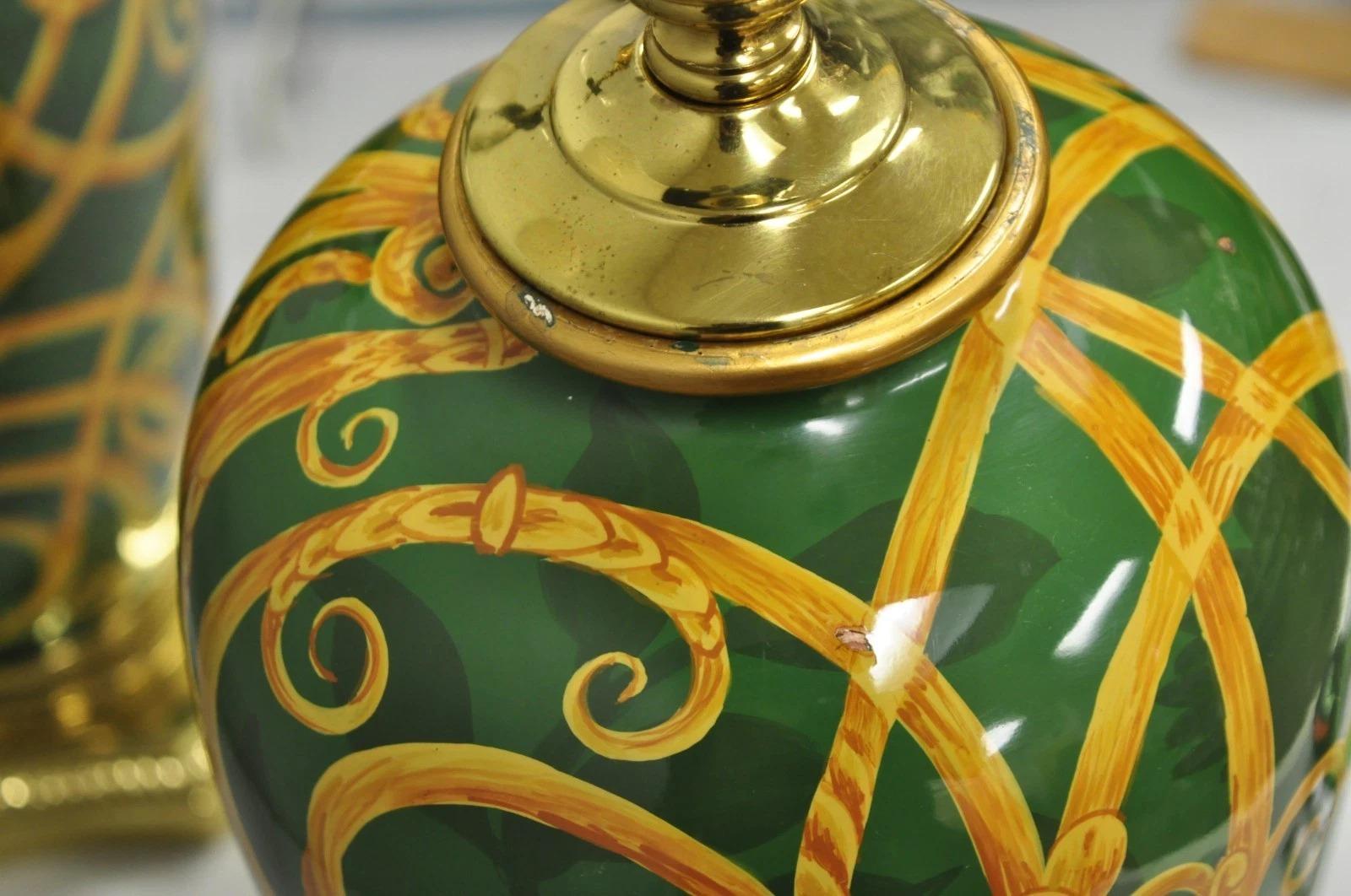 Hollywood Regency Green & Gold Scroll Painted Ceramic Table Lamps - a Pair For Sale 6