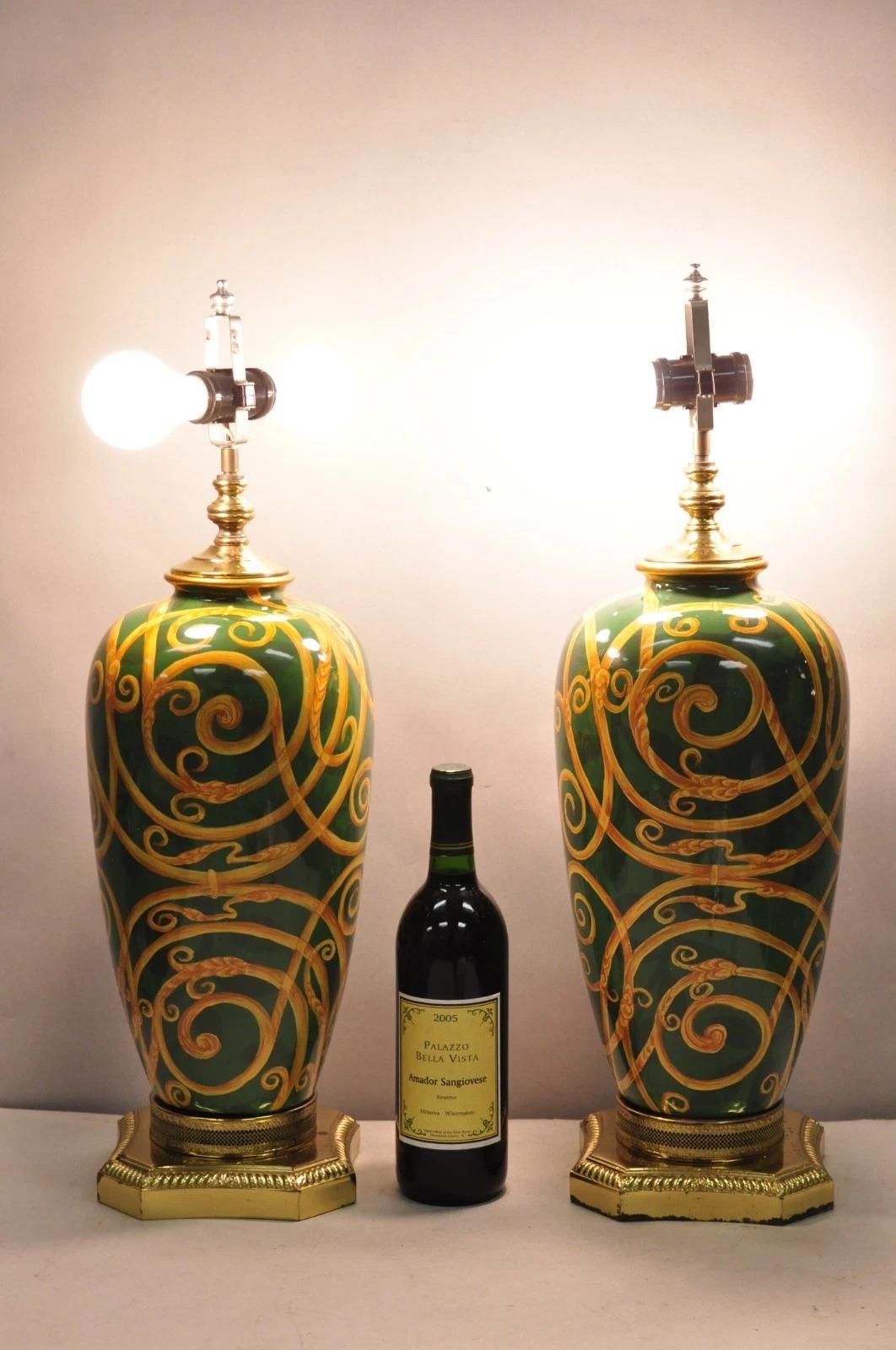 Hollywood Regency Green & Gold Scroll Painted Ceramic Table Lamps - a Pair For Sale 7