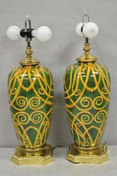 Hollywood Regency Green & Gold Scroll Painted Ceramic Table Lamps - a Pair